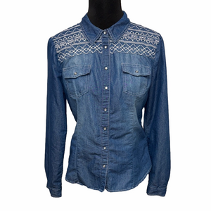 BONGO Blue Denim Button-Down Shirt with White Embroidery, Versatile Fun